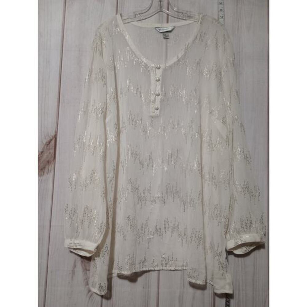 CJ Banks Womens 3X Blouse Off White Silver Sequin Sheer Chiffon Henley Top Cream